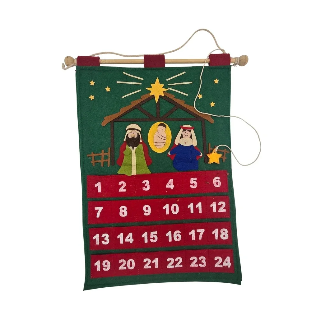Vintage Nativity Felt Advent Calendar Wall Hanging Manger Scene Green Red w star